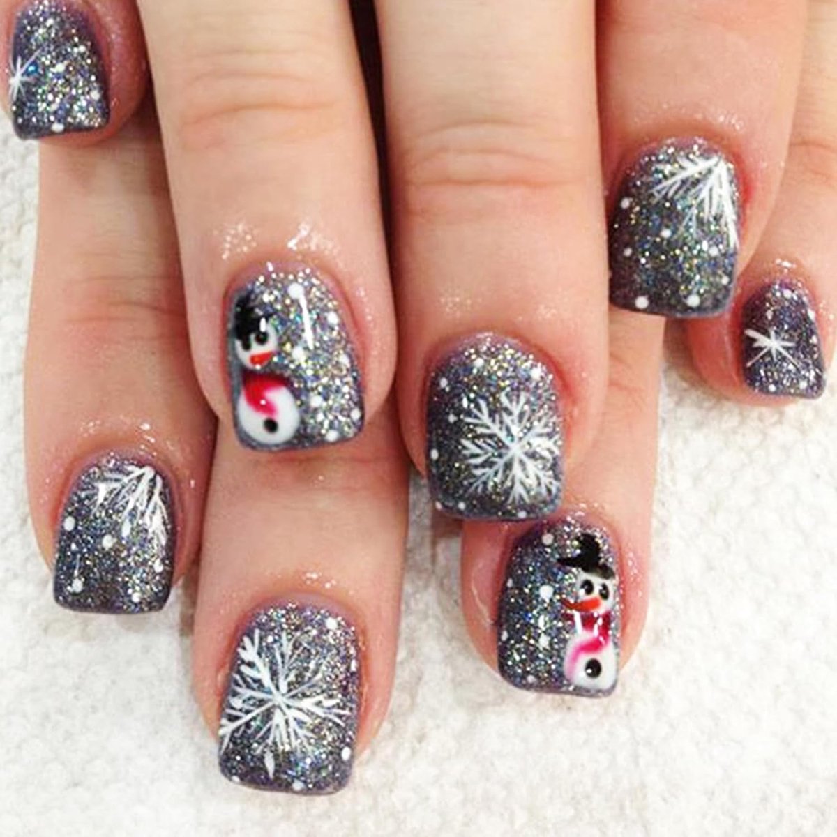24 stuks vierkante kunstnagels, korte zilveren glitter Franse