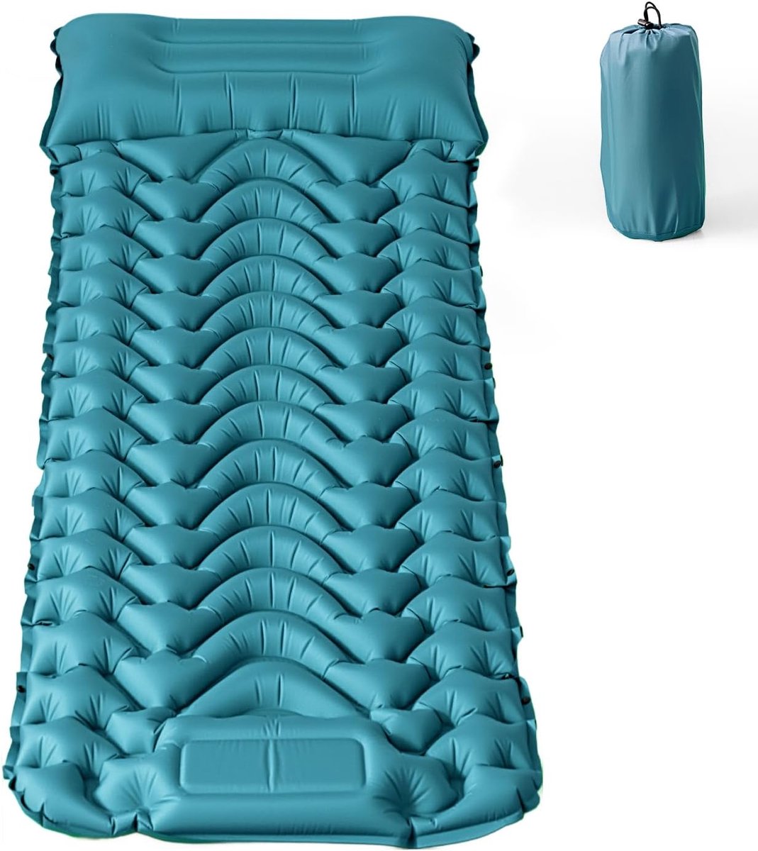SnelShoppen - Zelfopblazend slaapmatje voor kamperen, camping slaapmat, eenpersoons, pauwblauw, V-design, 8 cm dik, ergonomisch met kussen