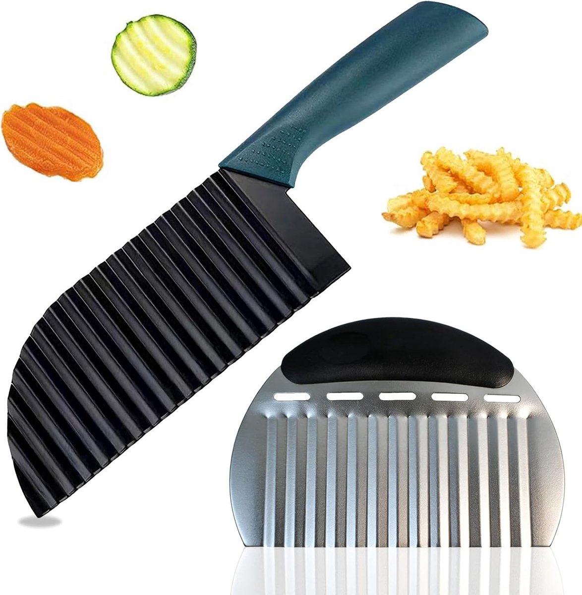 Set van 2 Golfsnijder, Zwart Ribbelmes voor Friet, Aardappelsnijder
