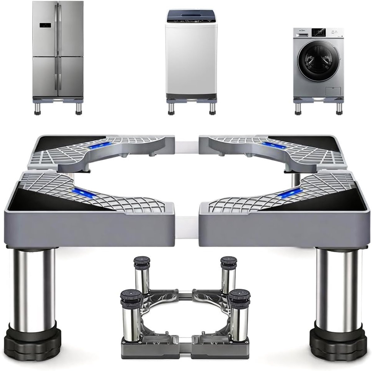 Onderstel voor wasmachine met 4 poten, verstelbare wasmachinebasis met antislip schokdempingsfunctie voor koelkast, wasmachine, instelbare hoogte 18-21 cm, berenbelasting 200 kg