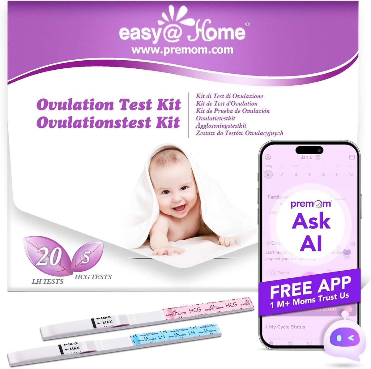 Ovulatietestset 20 LH + 5 HCG - Nauwkeurige resultaten - Inclusief Premom app - Eenvoudig in gebruik - SnelShoppen