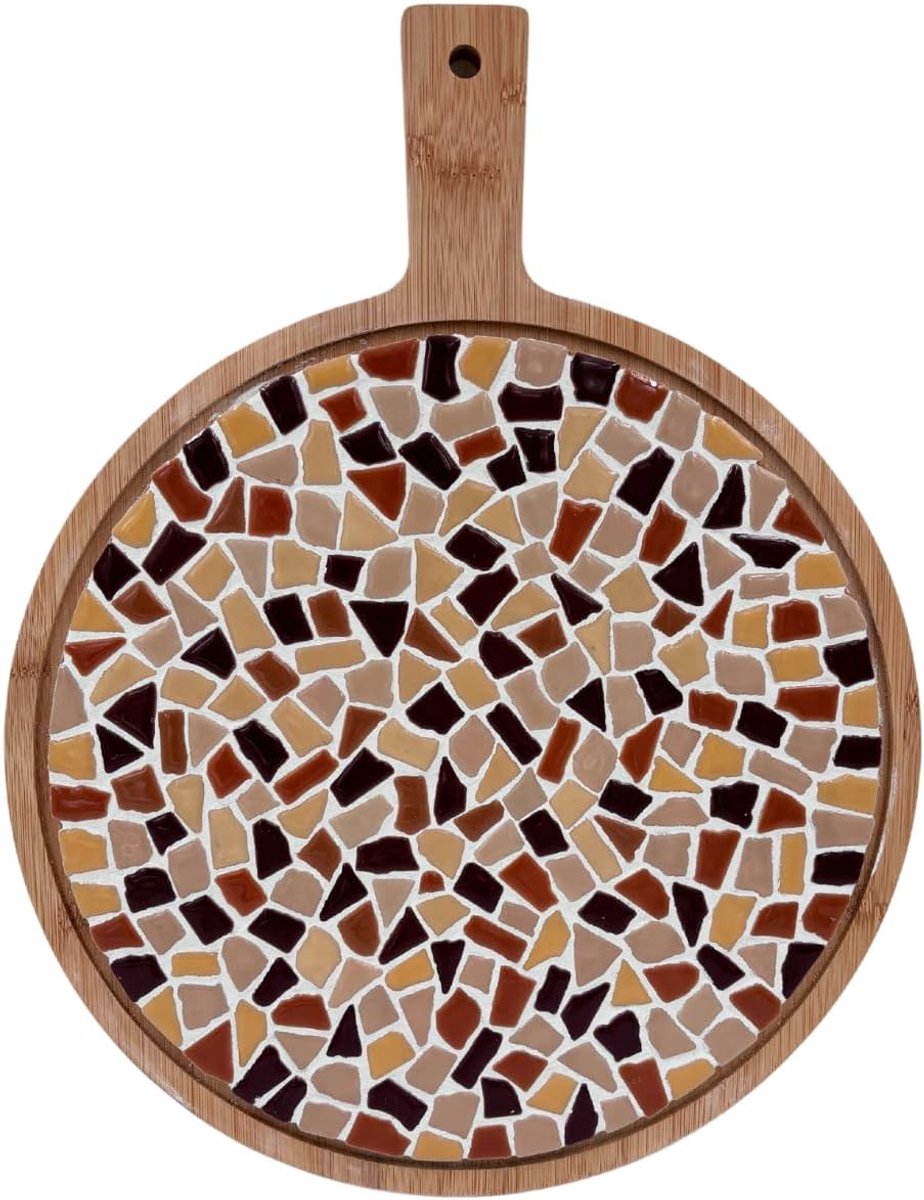 SnelShoppen - DIY mozaïek serveerplank rond beige zand, creatief pakket met mozaïektegels, hoogwaardig bamboe, perfect voor feest, keuken, tuin