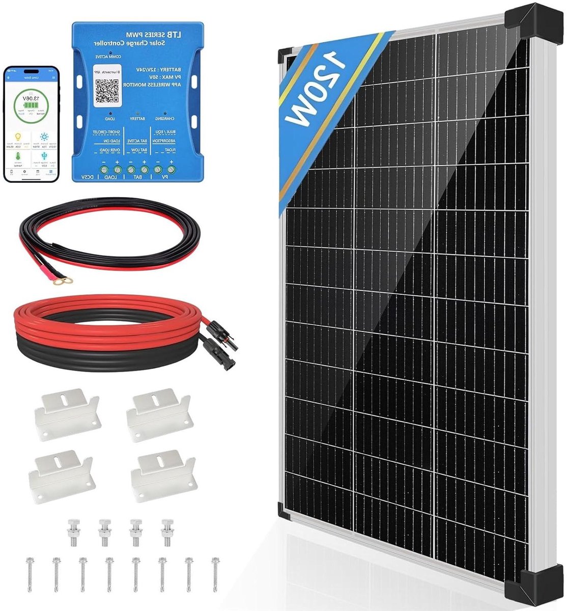 Zonnepaneel Kit - Zonne-energie Set - Off-grid Stroom - Met Bluetooth Controller - 120 Watt - Zwart