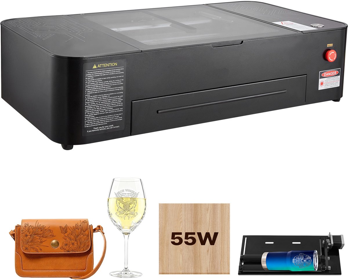 Co2-Lasergraveermachine 55W, Lasersnijmachine 500x300 mm, Tafelmodel met 5 Mp-Camera, Waterpomp en Roterende As, Compatibel met Lightburn, Coreldraw en Rdworks, Geschikt voor Hout, Acryl en Glas