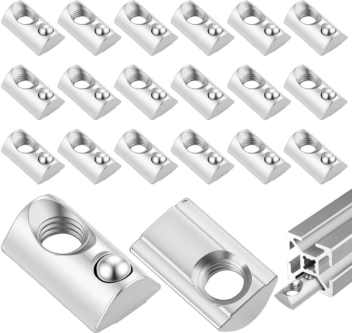 20 stuks moerstenen M8, met kogel, voor aluminium profiel 40 x 40 | Koolstofstaal, groef 8 T-groefstenen, met veerkogel, voor 40-serie aluminium profiel, 3D-printer, CNC-frees