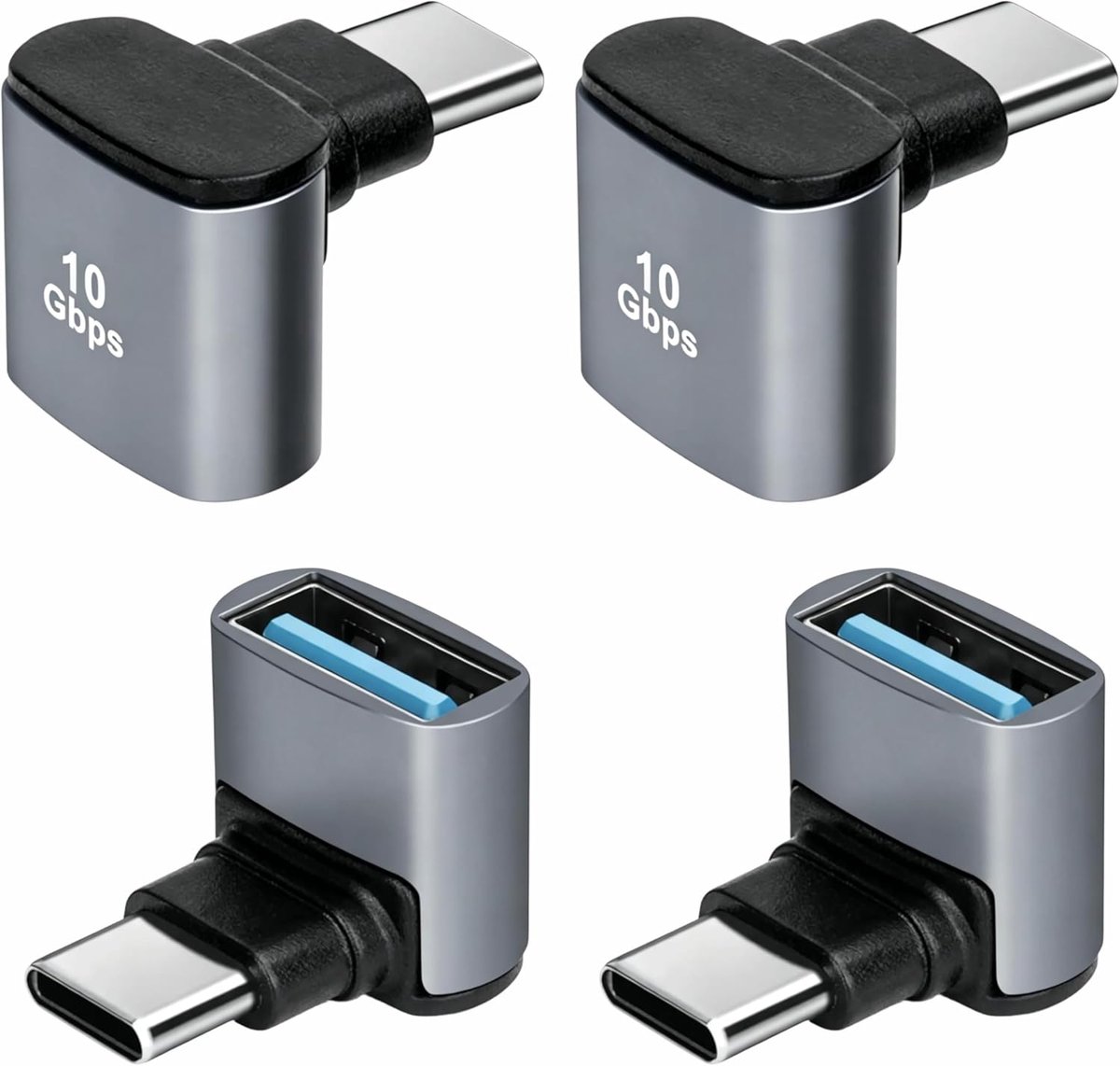 4 stuks USB C naar USB 3.1 OTG adapter, USB-C mannelijk naar USB vrouwelijk haaks, 10 Gbps, voor Air iPhone 17/16/15 MacBook Pro iPad Samsung Galaxy smartphones en Plus, 90°
