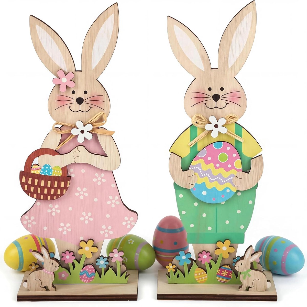 2 stuks houten paashaas decoratie, paashaas om neer te zetten, houten paashaas decoratie voor woonkamer, tafeldecoratie, paasdecoratie, tuin