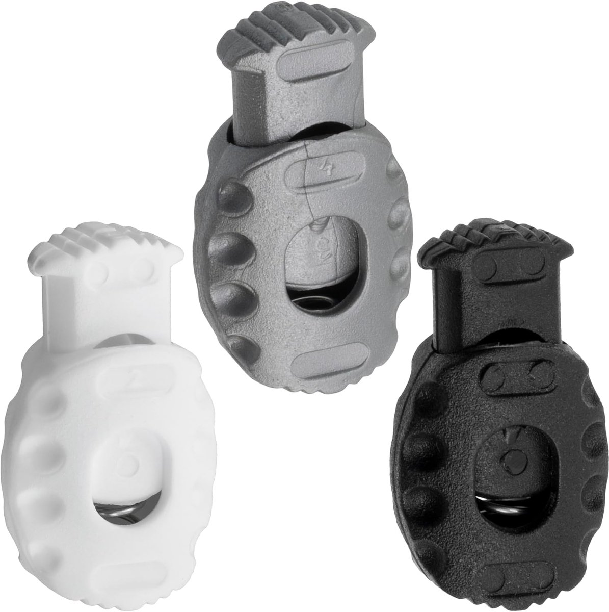 - Set van 12 koordstoppers met 1 gat en veer - openingen 6 mm - kleur wit zwart zilver - van kunststof - DIY creaties hobby's aanpassing veters kleding