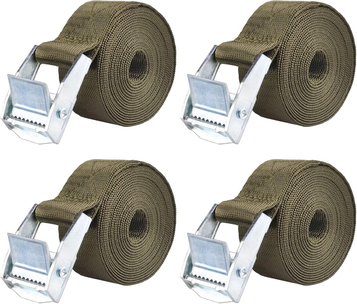 Spanband, sjorband met gesp, 25 mm breed, verstelbare riem voor bevestiging van bagage, bagagedrager 200 kg, 4 stuks (02 groen, 4 stuks, 2 m)