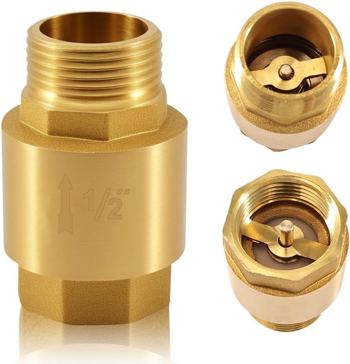 1/2 inch messing terugslagklep, DN15 terugslagklep met binnendraad en buitendraad, 1/2" AG x 1/2" IG, voor waterleiding en boiler