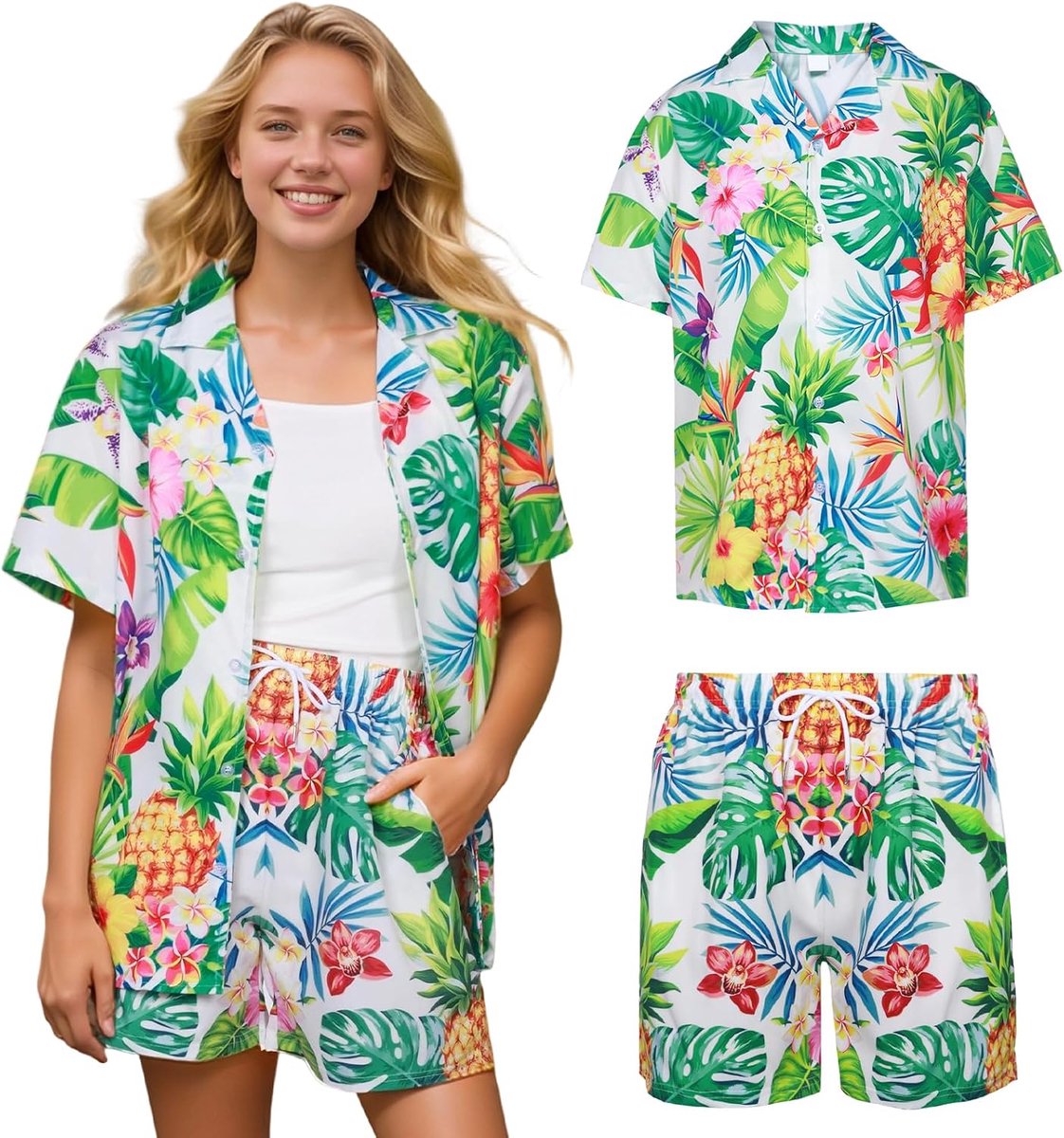 dames, Hawaï-outfit set met Hawaïhemd shorts zomer strandshirt bloemen tropische print shirt Hawaïhemd dames zomer party outfit
