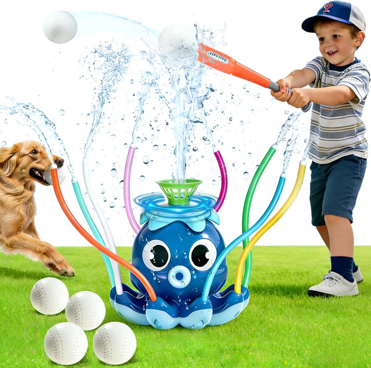 Kids Watersprinkler honkbalspeelgoed, watersprinkler, T-ballenset met slagstok, 4 ballen, 2-in-1 zomerspeelgoed voor buiten, gazonspelletjes voor kinderen van 3 tot 12 jaar (blauw)