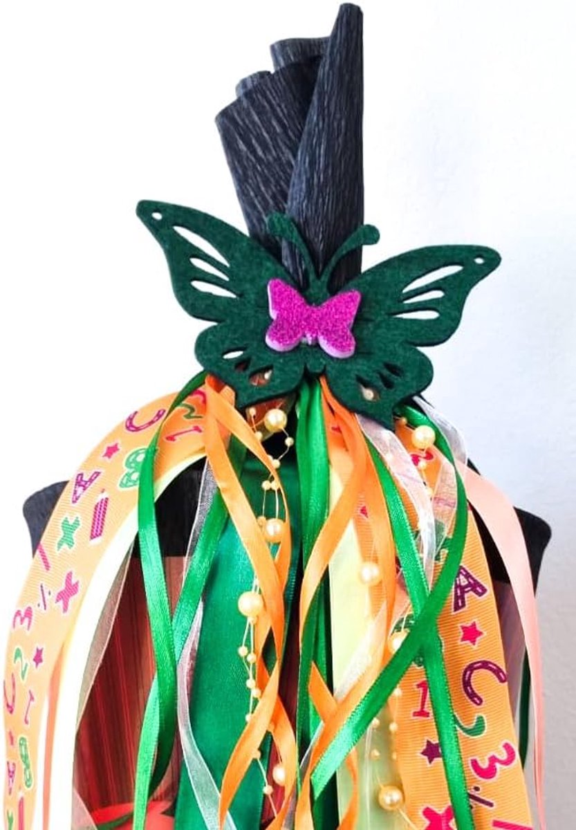 Vilten strik, 55 cm x 14 cm, vlinder met naamplaatje, schoolzakje, strik, geschenkstrik, eerste schooldag en uniek met designbescherming (vlinder donkergroen)