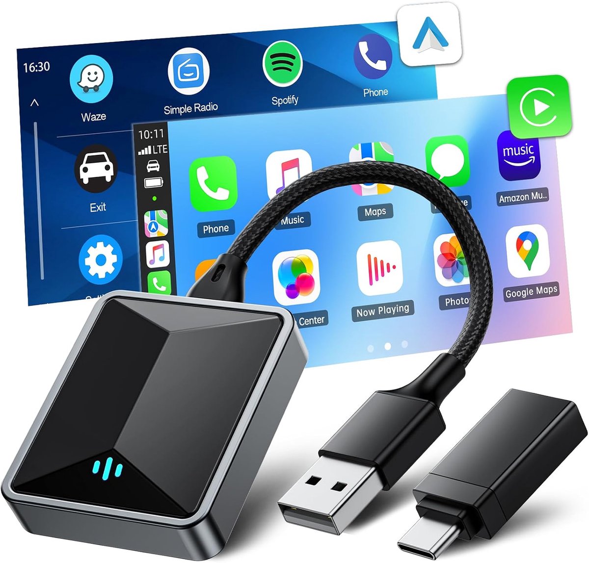Draadloze CarPlay-adapter voor Apple, 2-in-1 Plug & Play met 5,8 GHz WLAN, snelle autoverbinding, converteert kabels naar draadloos, compatibel met auto's vanaf 2016, iOS 10+, Android 11+