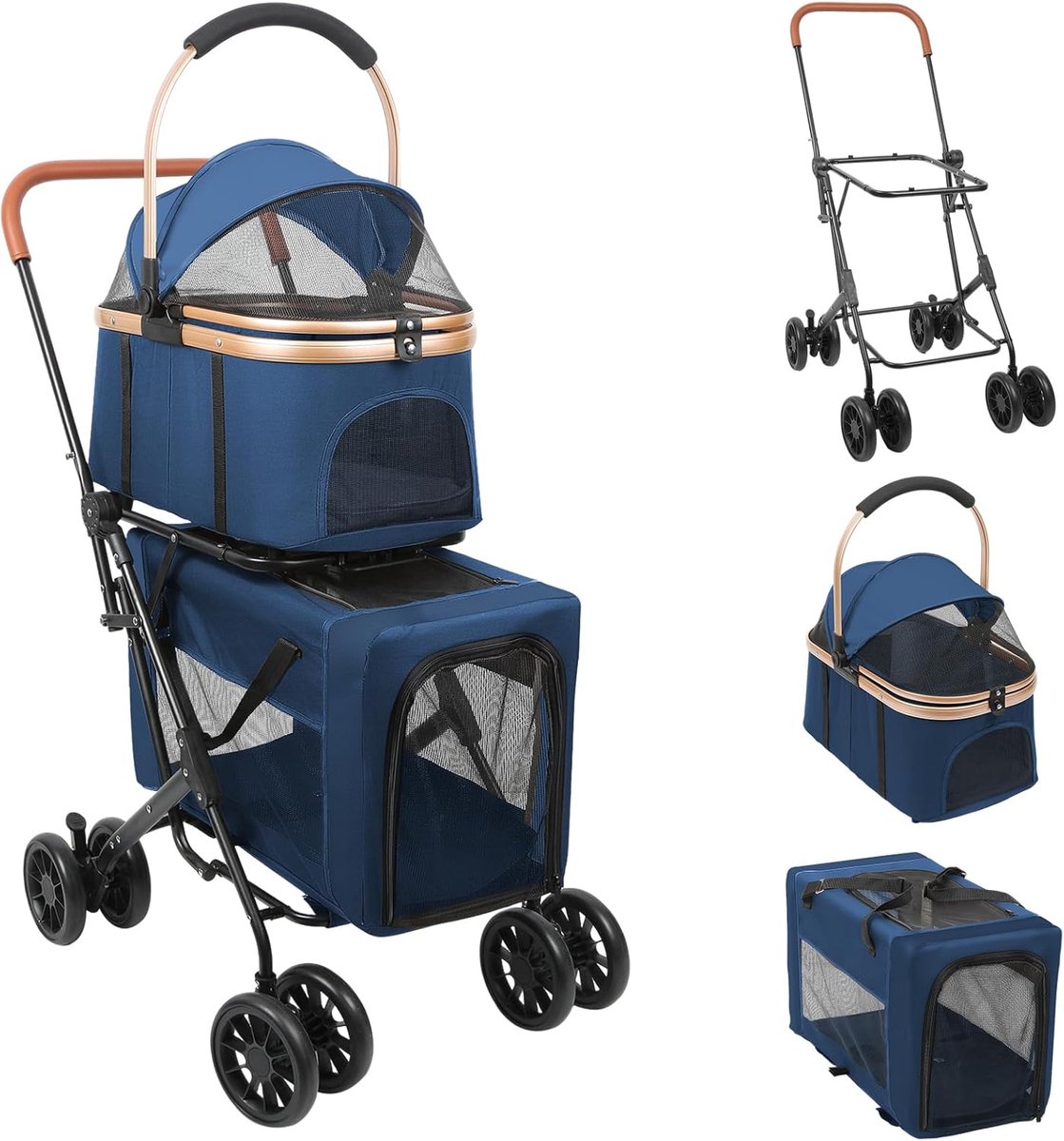 2-in-1 Hondenwagen - Dubbeldeks - Voor hond/kleine hond - Met gaasvenster - Tot 40 kg (blauw)