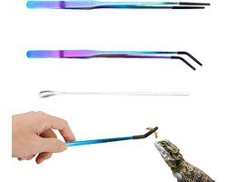 Voerpincet Set voor Reptielen en Aquarium, 27 cm rechte pincet + 27 cm gebogen pincet met rubber tips, inclusief 22 cm lepel, voor voeren en terrarium/aquarium onderhoud