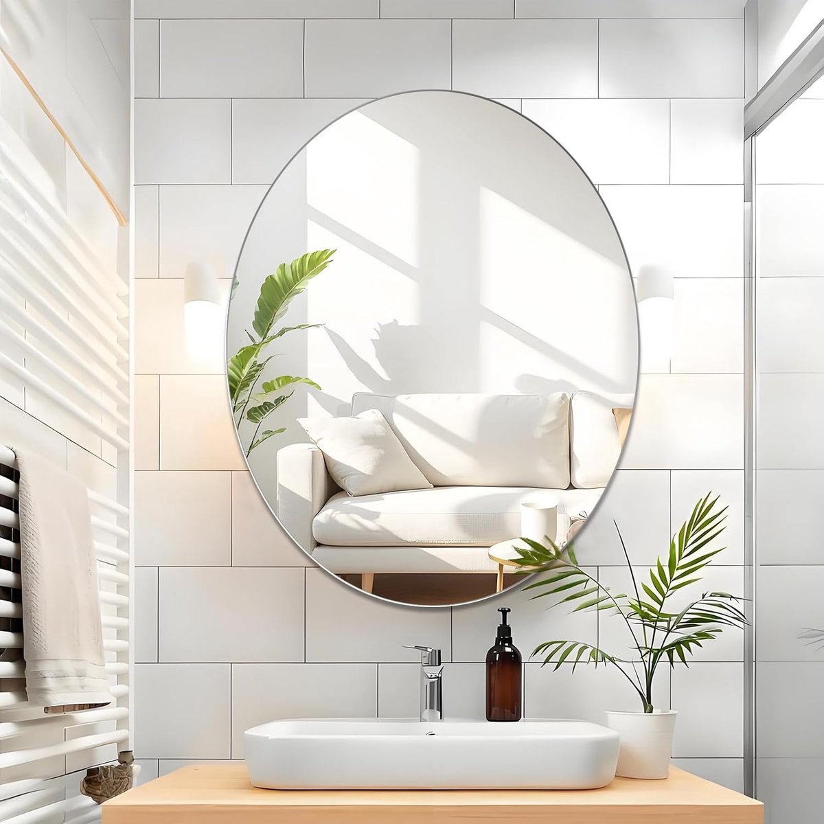 badkamerspiegel, ovale wandspiegel, 50 x 40 cm, frameloze, ovale spiegel, HD-glas, make-upspiegel voor badkamer, slaapkamer, entree, woonkamer