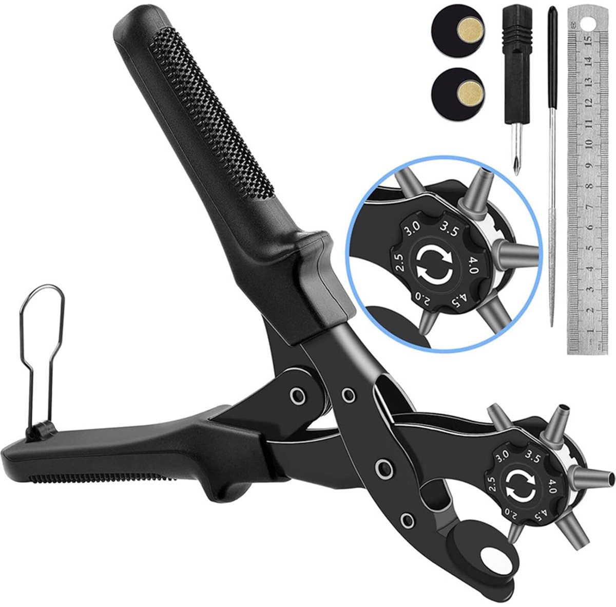 riemgat, draaibare perforator in 6 maten (2-4,5 mm) met liniaal, gereedschap, slijpstaaf, voor riemen, mappen, horloges, zadels, dierenhalsbanden (zwart)