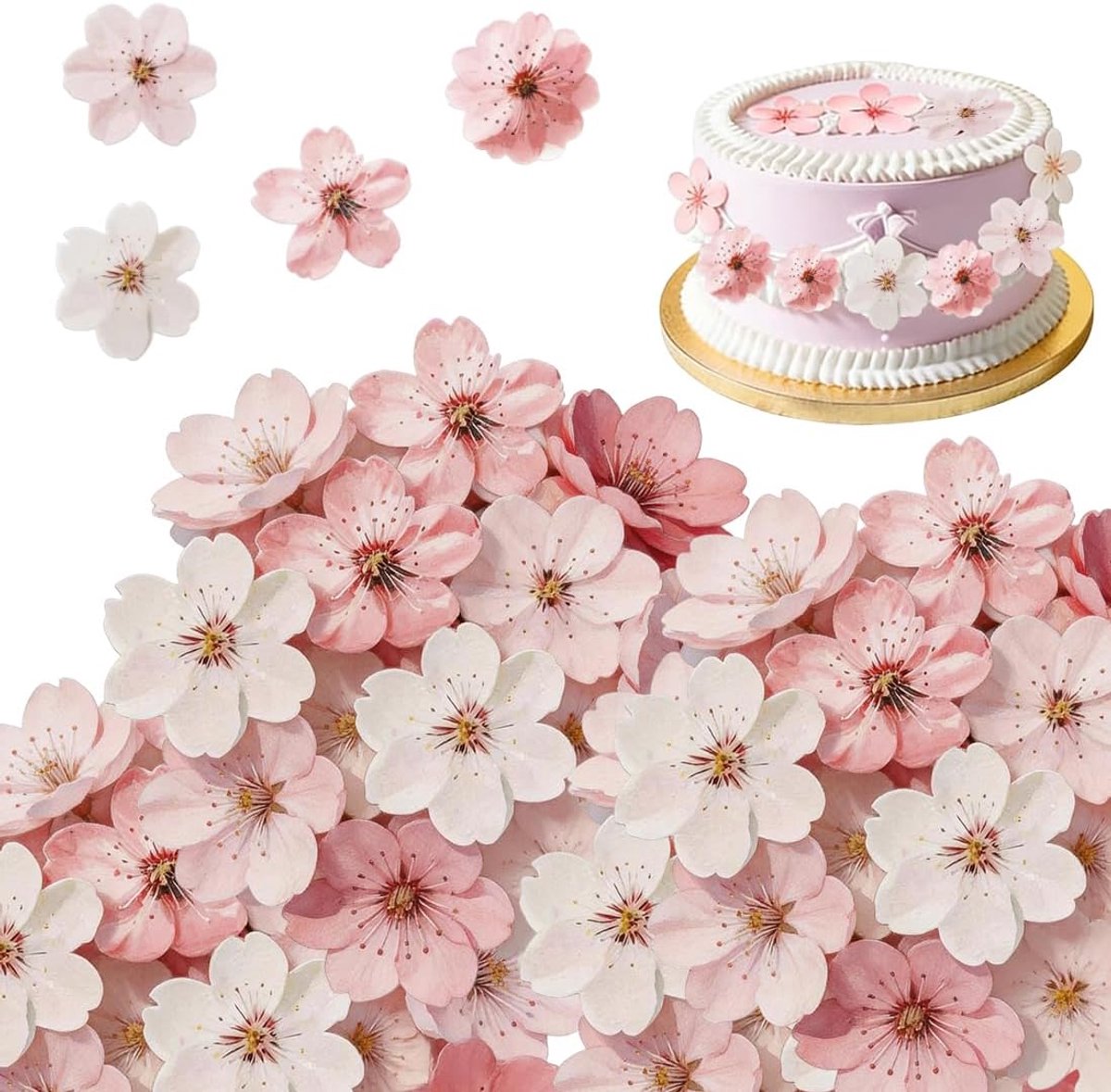 50 stuks kersenbloesem-taartopzetstukken voor bruiloftstaarten, rijstpapierbloemen, taartdecoraties