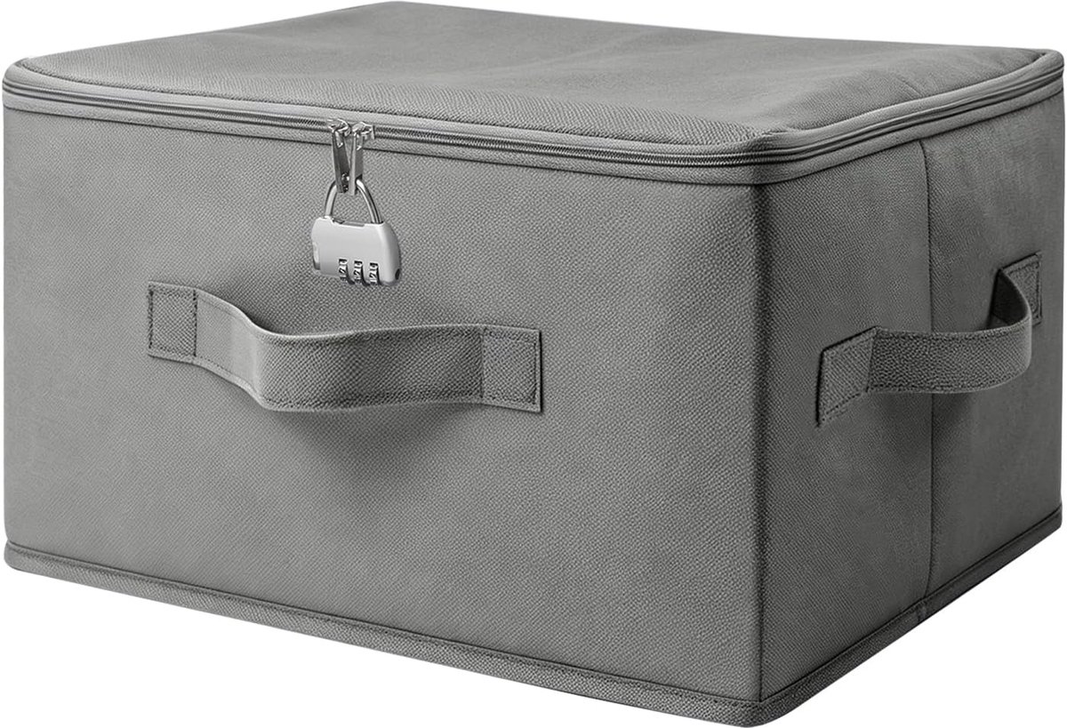 Afsluitbare doos opbergdoos met deksel stof en slot | Stoffen opvouwbare opbergdoos voor beddengoed, kleding en speelgoed, grijs (44 × 29 × 30 cm)