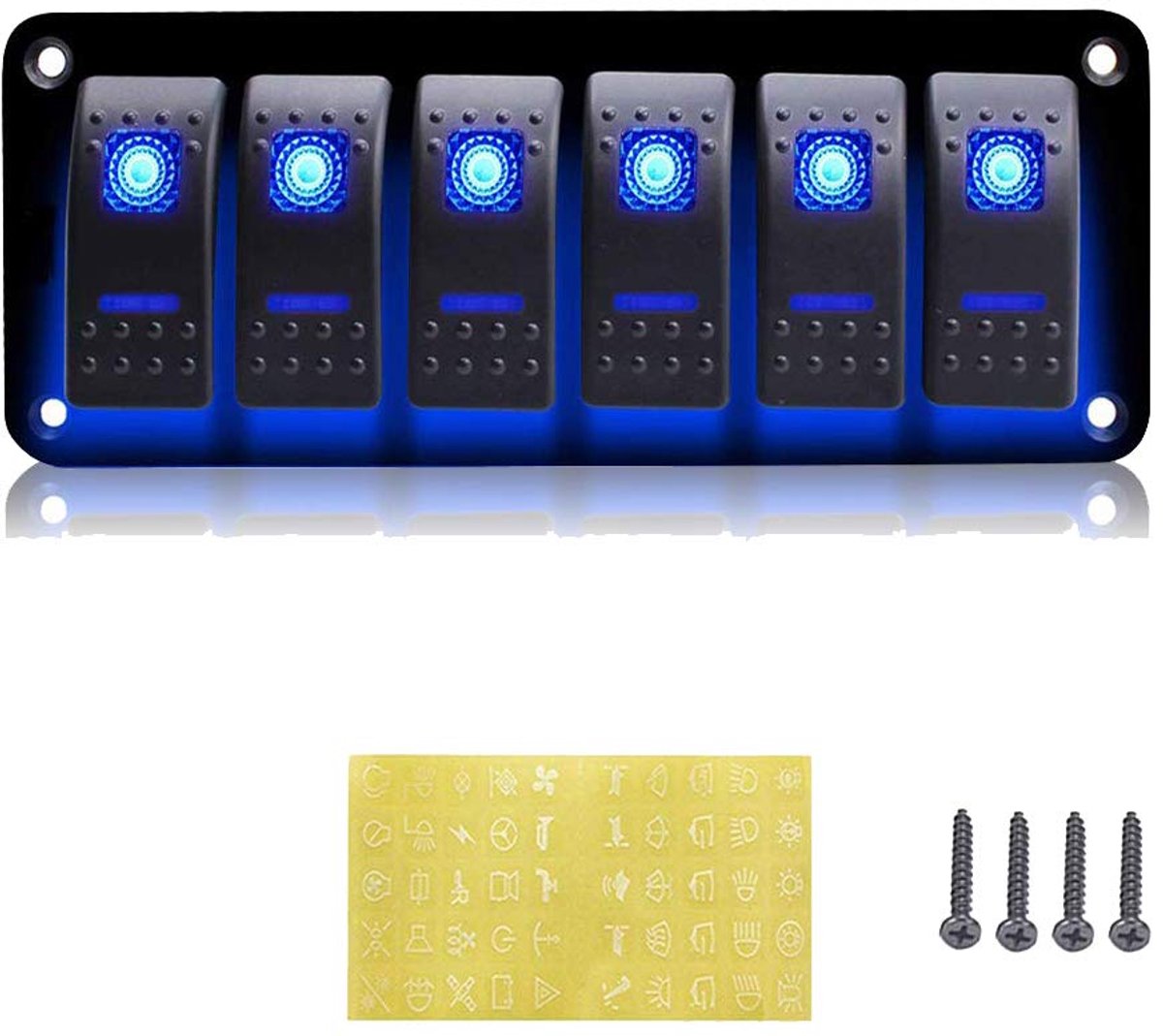 6-voudig Wippschakelaarpaneel voor Boot Marine, 12V/24V Waterdichte Schakelaarpaneel voor Auto, RV, Boot, Vrachtwagen (Blauw)