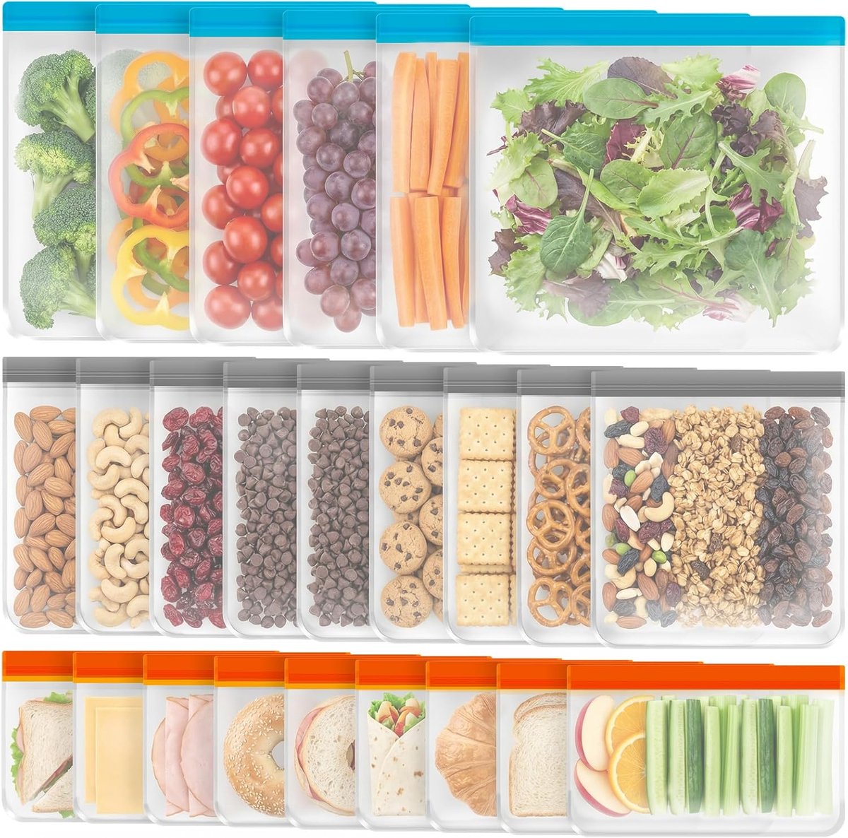 Set van 24 herbruikbare vrieszakken, BPA-vrije PEVA-siliconen zakken met staande bodem en dubbele sluiting, lekvrije vershoudzakken voor levensmiddelen, fruit, vlees en maaltijdvoorbereiding