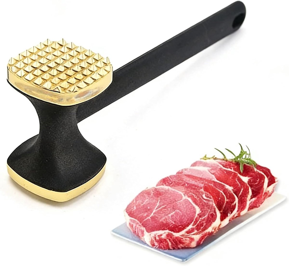 Vleeshamer van zinklegering, vleeshamer, 24 cm, dubbelzijdige schnitzelklopper met antislip handgreep, steakhamer, zachtmaker, voor schnitzels, rundvlees, kip (goud)