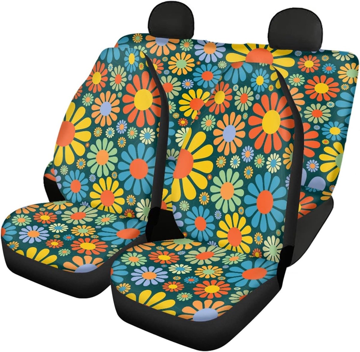 Autostoelhoezen set, abstract, hippie-design, voor voor- en achterstoelen, met kleurrijke madeliefjes, universeel inzetbaar