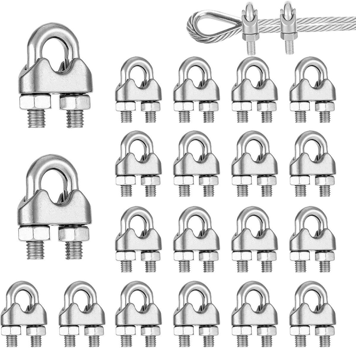 20 stuks kabelklemmen, 4 mm, kabelklemmen, M4 roestvrij staal, 304 U-bouten, beugelklemmen in beugelvorm, staalkabel, kabelconnector en kabeleindverbinding voor 4 mm staalkabel, ideaal voor zonnezeil