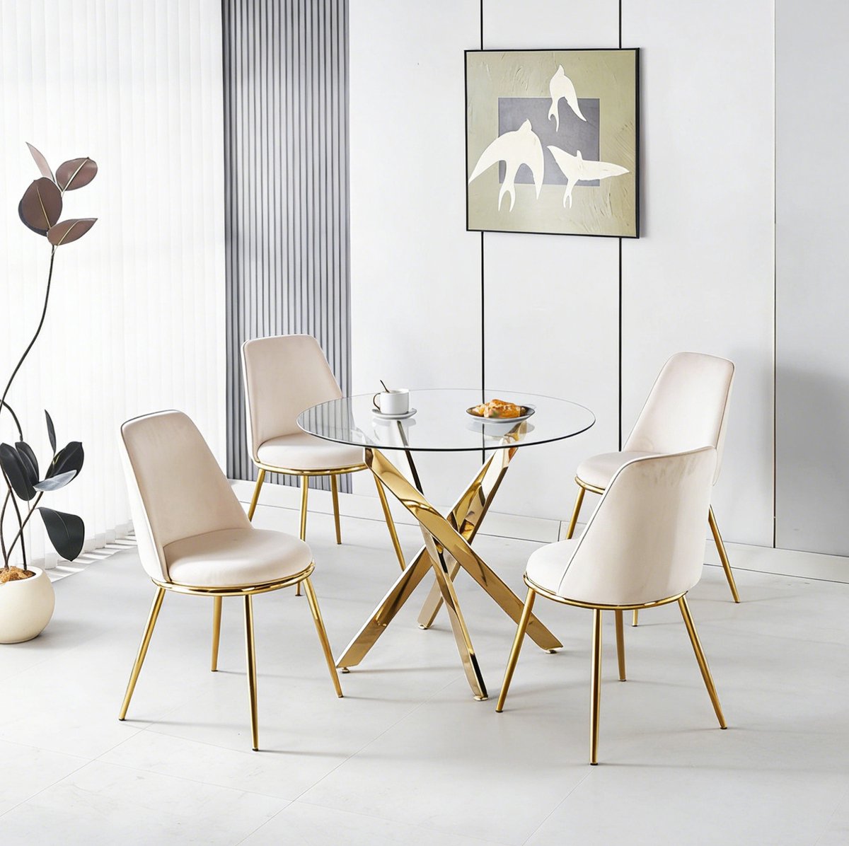 REDOM - Set tafel en stoelen - 1 tafel + 4 stoelen - Ronde glazen tafelblad - Gouden metalen poten - Modern - Eetkamer - Metaal - Crème wit - 80 x 75 cm
