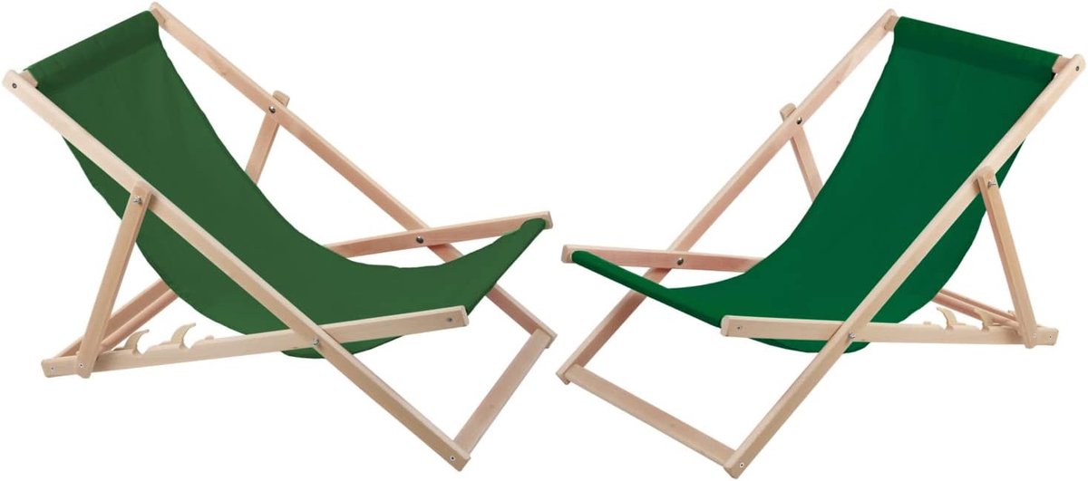 2-zits Ligstoelset van beukenhout Strandstoel voor zelfmontage Tuinligstoel voor strand, tuin, balkon en terras Opvouwbaar tot 120 kg (Groen)