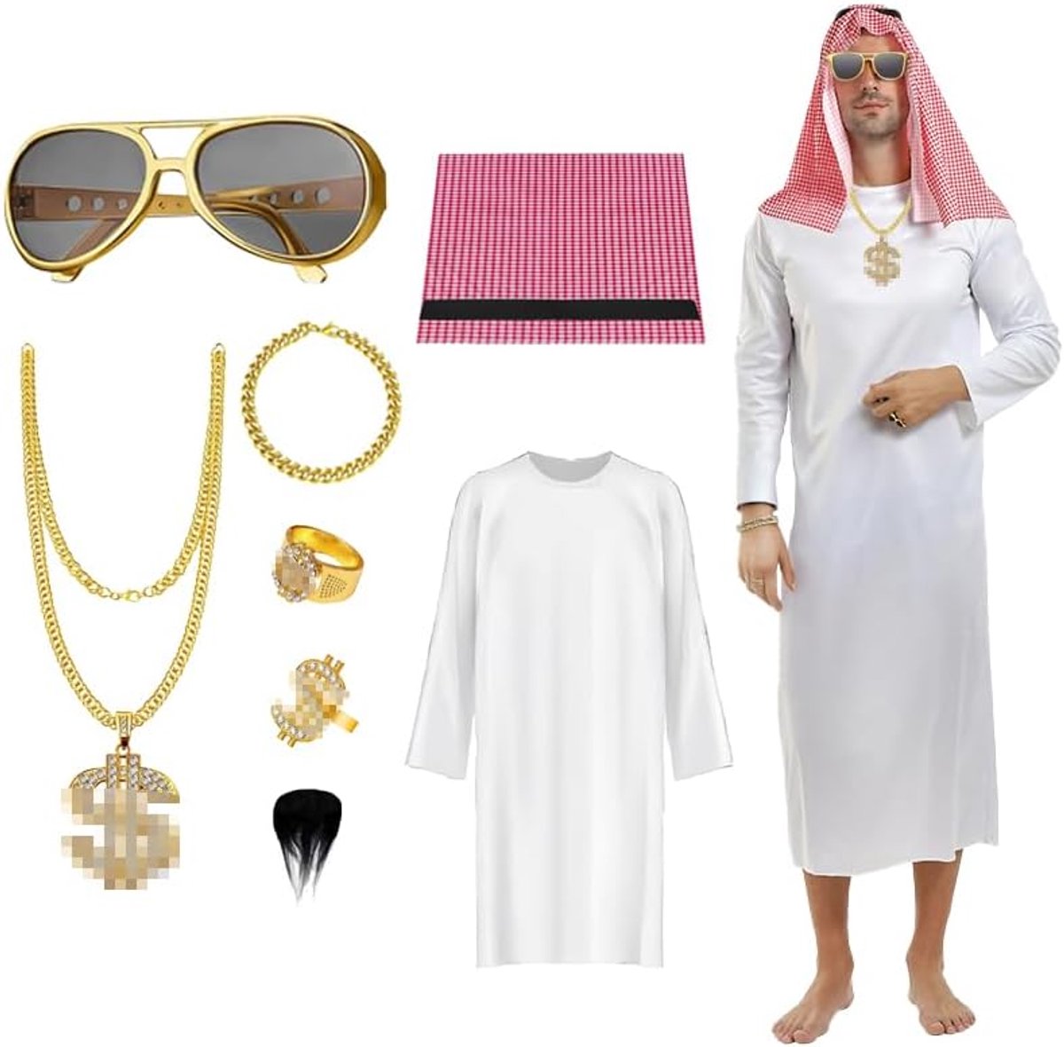 Sheikh kostuum voor heren, Sheikh kostuum met glazen, araber sjeik wit pak M, L, XL, XXL, kostuum Arabische sjeik, carnaval Arabisch kostuum met hoofddoek, carnavalskostuum