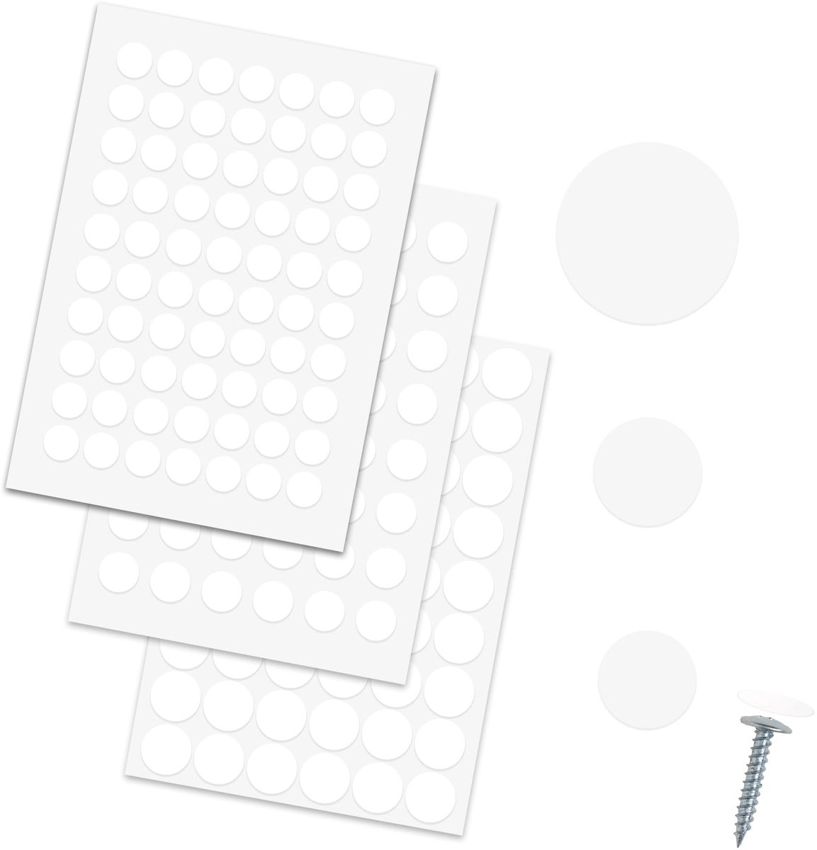 172 stuks witte schroefdoppen, pvc, gatafdekking, meubelstickers, zelfklevend, voor wandkasten, bureau, schroeven, meubelreparatie, Ø 12 mm, Ø 15 mm, Ø 21 mm