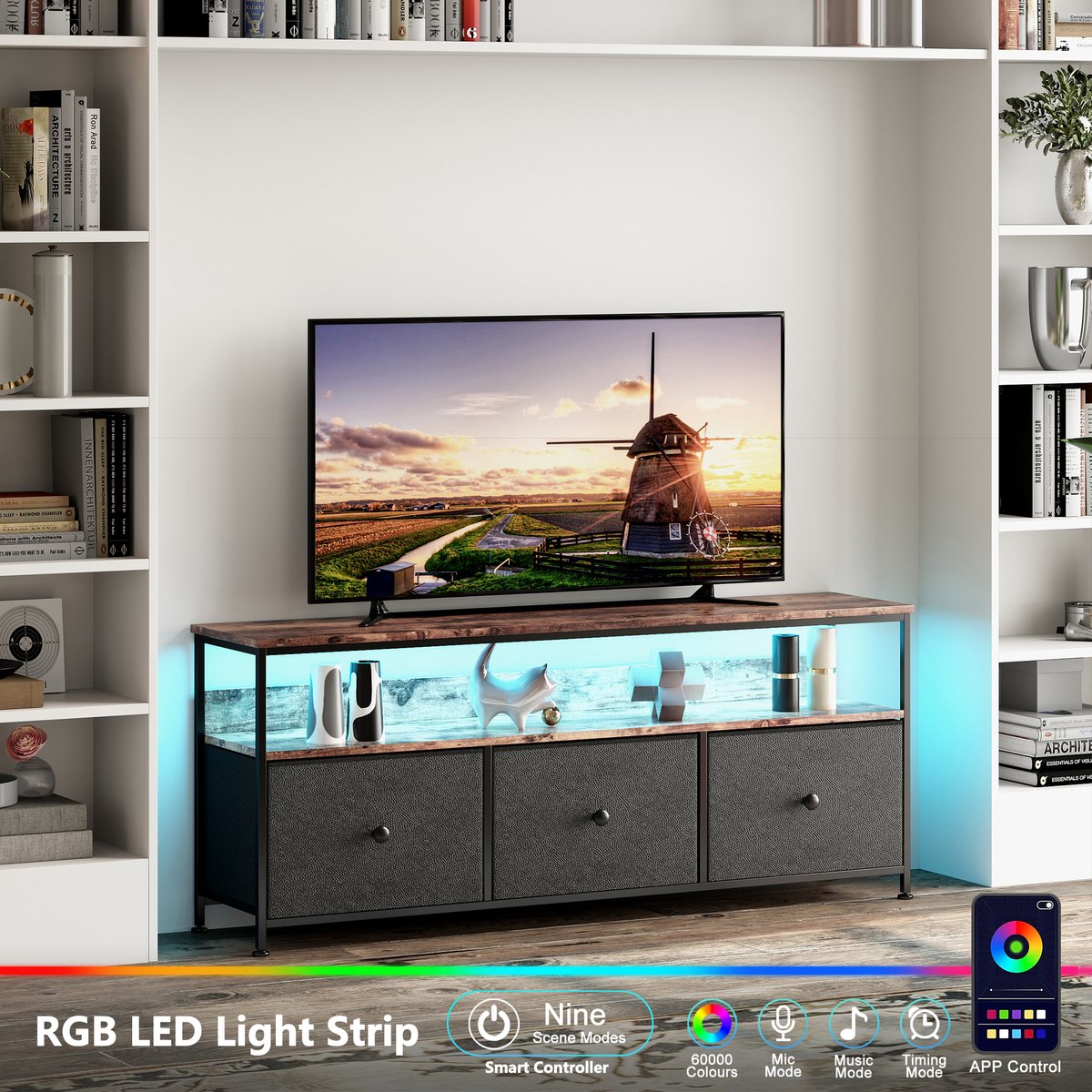 ROSAHQNDA Tv meubel 137x30x57 cm, moderne tv kast met led verlichting, 3 stoffen lades, metalen frame, donker houtlook blad, verstelbare poten, zwart Donkere houtnerf + zwart