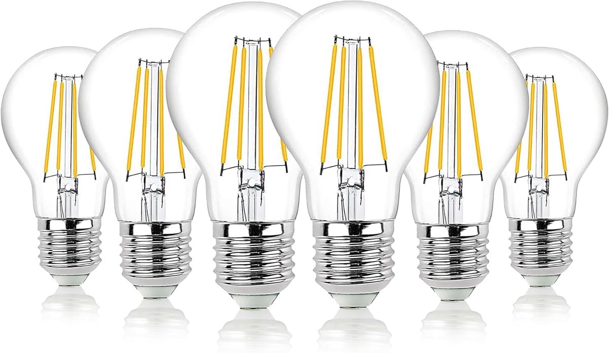 LED-lamp E27 met dimfunctie, 4,2 W, warm wit, 470 lumen, vervangt een gloeilamp van 40 W, 2700 K, transparante E27-fitting, set van 6 stuks 220827