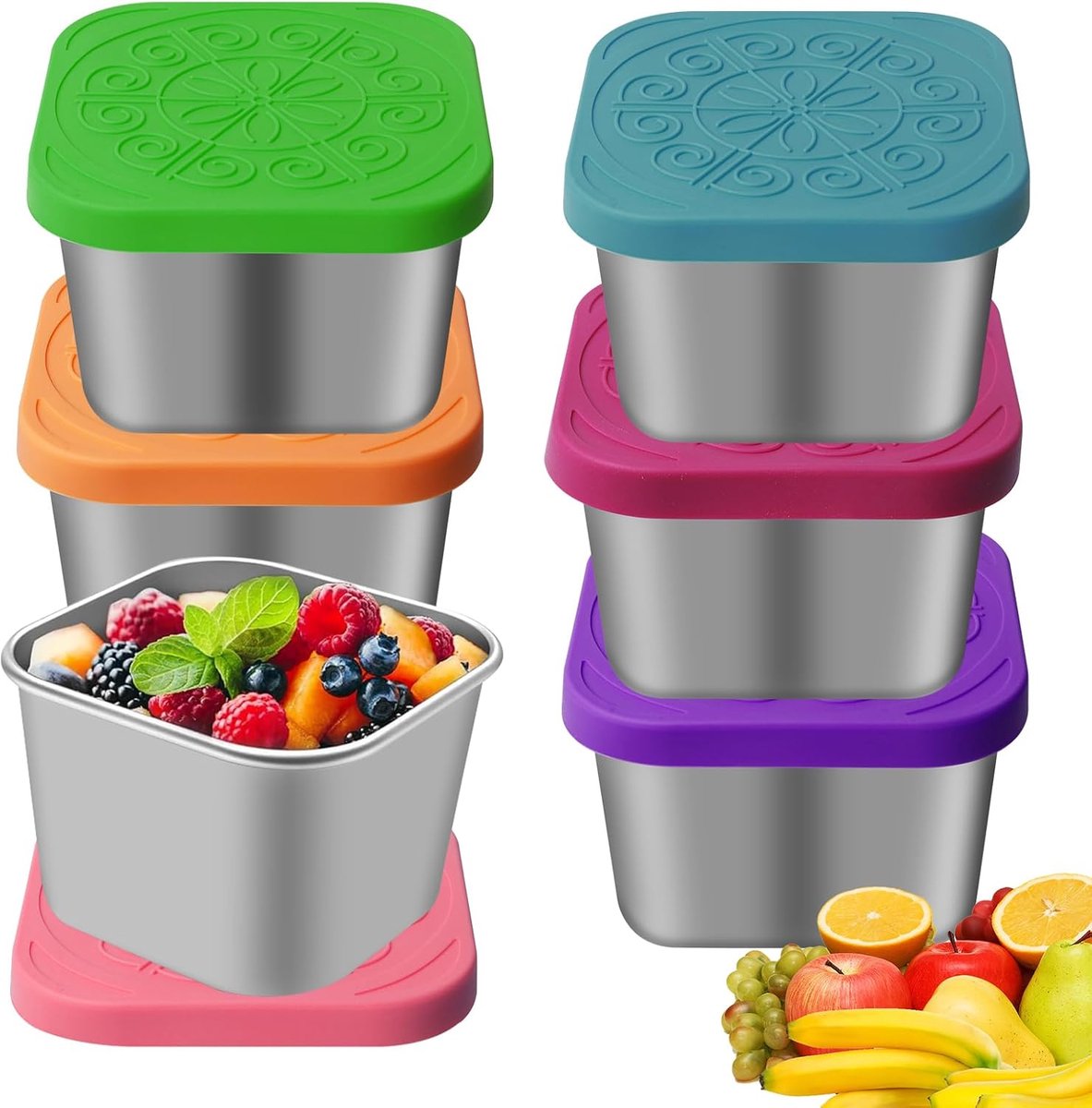 180 ml saladedressing container: 6 stuks roestvrijstalen dressing containers met siliconen deksel, herbruikbare kleine draagbare sauscontainers, lekvrije dip containers voor snack, dips, salade
