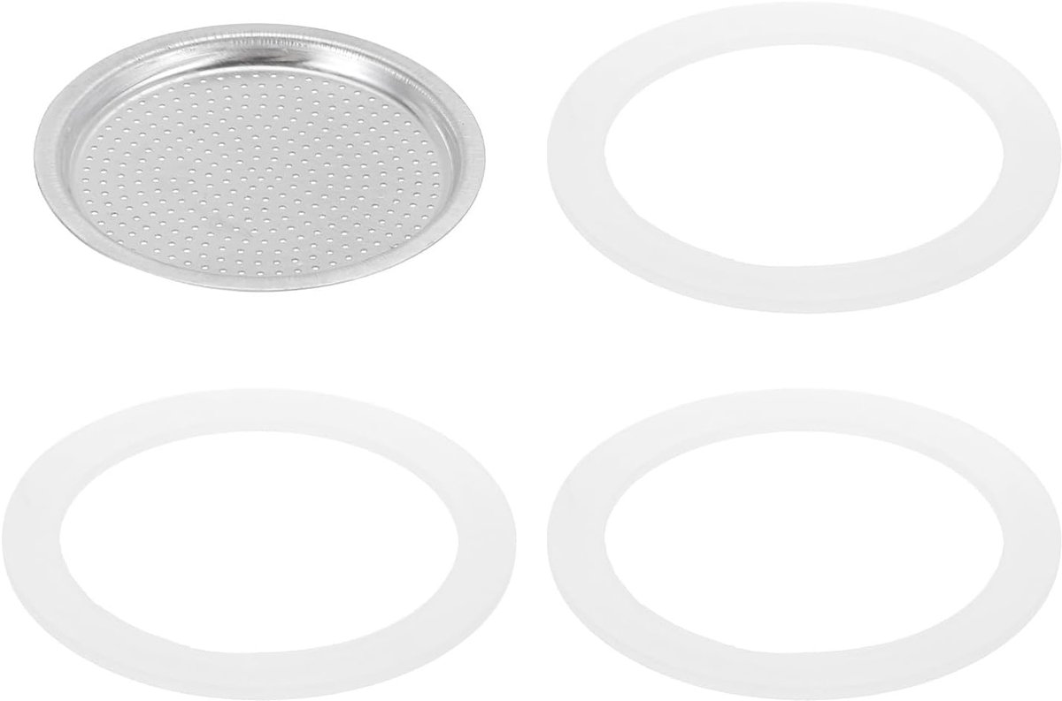 Reserveonderdelen voor espresso-maker van aluminium voor kookplaat met 1 filter en 3 siliconen afdichtingen 56 x 48 x 4 mm voor espresso-koker Moka met 3 kopjes (zilver)