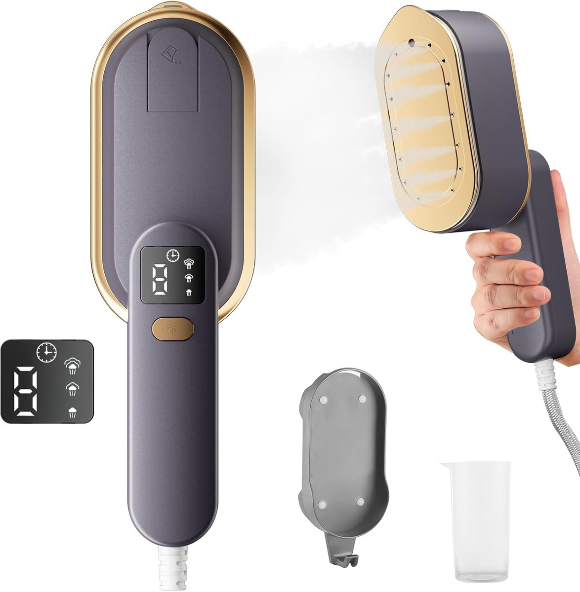 Stoomstrijkijzer - Reisstomer met LCD-scherm - 10s Snel Verhitten - 2000W, 3 Stoomstanden - 180° Draaibare Handgreep - Draagbaar - Grijs - 1 Stuk