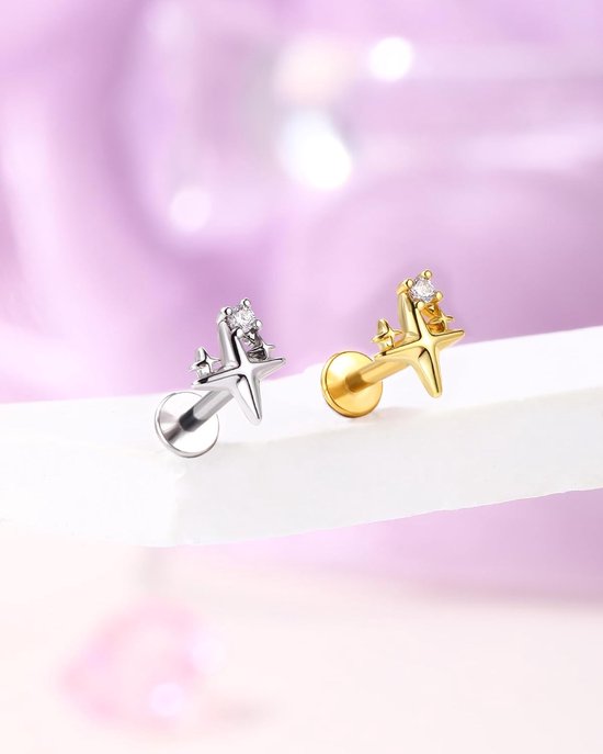 16G Star Labret Stud 316L chirurgisch staal platte achterkant oorbel CZ helix kraakbeen oorbel intern schroefdraad tragus piercing sieraden voor vrouwen mannen — afbeelding 3