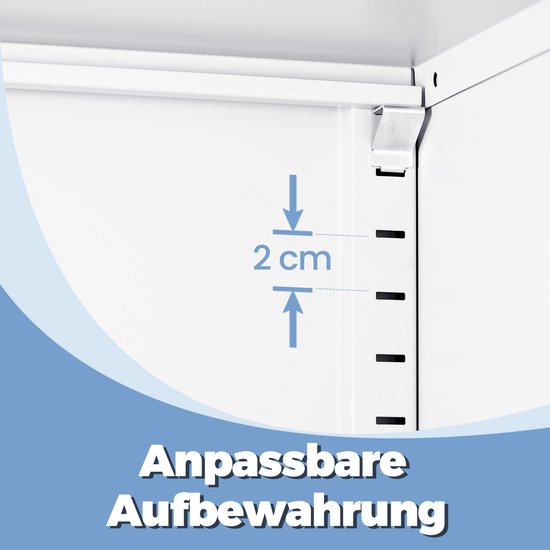 Binnenzijde witte kast met verstelbare plankhoogte van 2 cm. Tekst: Aanpasbare Opbergruimte