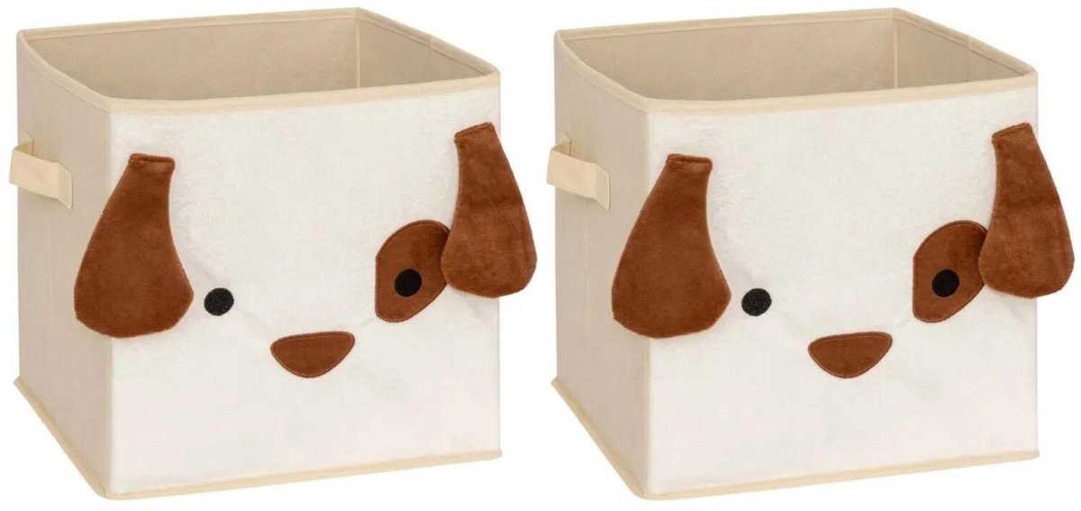 Atmosphera Opbergmand kastmand - 2x - voor kinderkamer - dieren thema hond - 29 x 29 x 29 cm - Vakkenkast manden - karton - beige