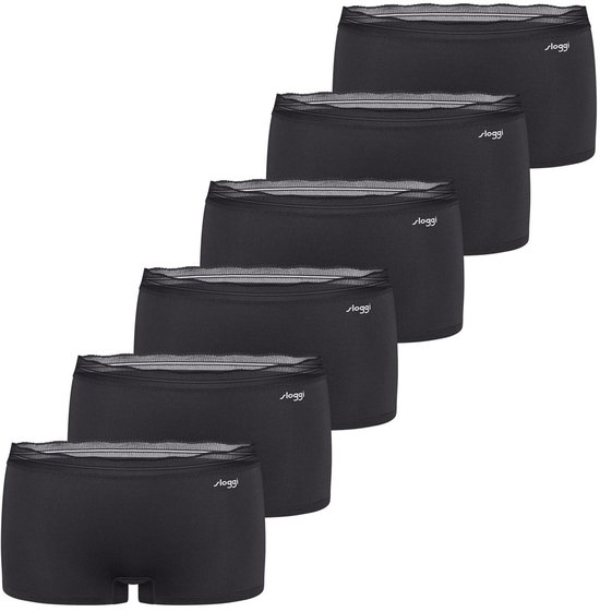 Zes zwarte Sloggi shorts met een brede, doorschijnende rand aan de bovenkant.