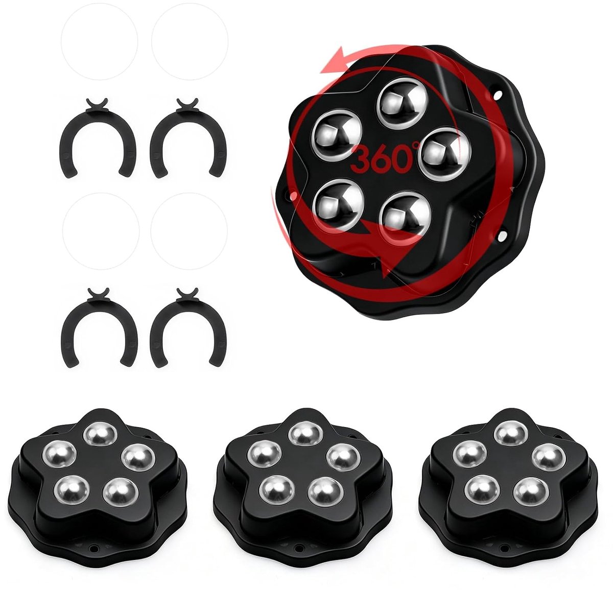 4 stuks zelfklevende mini-meubelwielen, 5-kogels, kogelwielen met remkussen, 360° draaibaar, voor meubels en keukenapparaten, zwart, voor vuilnisemmers, make-updozen, dienbladen