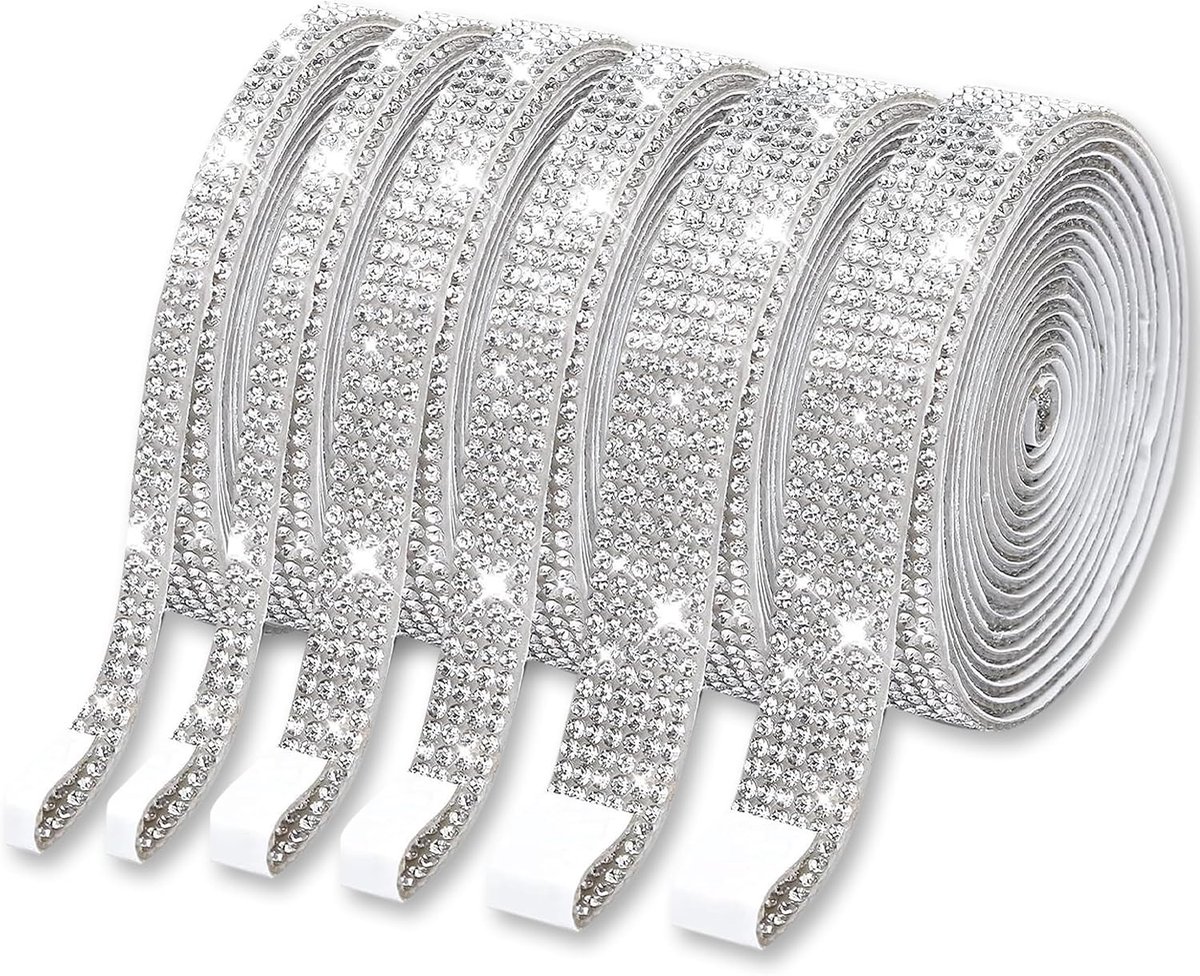 6 Rollen Zelfklevende Strassband, 3 Breedtes Zelfklevende Strassstenen, Zilver Bling Glitterband Glitterstenen voor Knutselen en DIY Handwerk Feest Decoraties