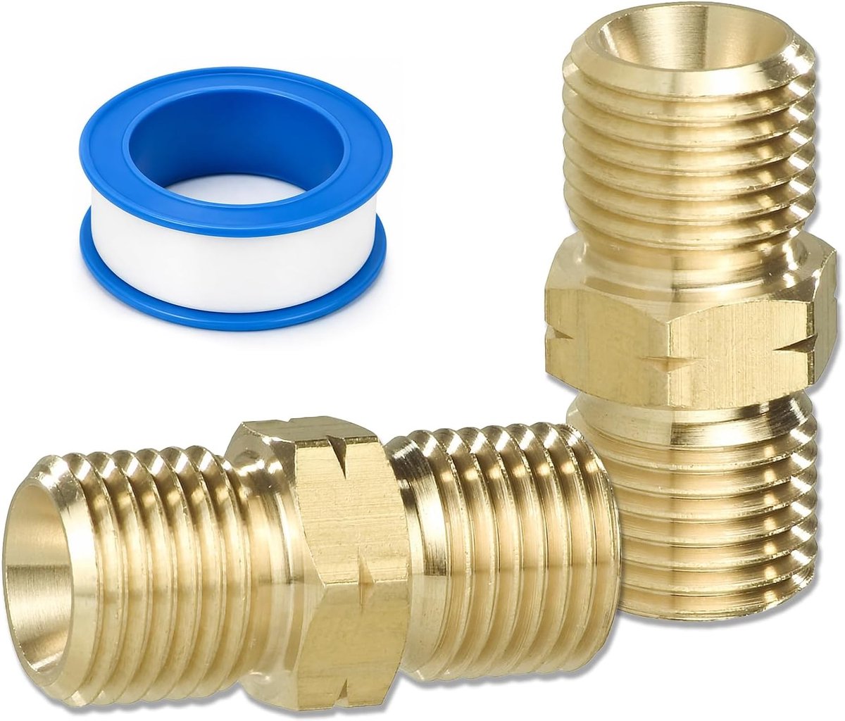 2 stuks dubbele nippel gasslangconnector 1/4 naar 3/8 met schroefdraadafdichtband | Messing verbindingsstuk, dubbele nippel, gasslangadapter 1/4 inch LH naar 3/8 inch LH voor propaan, acetyleenbuis (links AG)