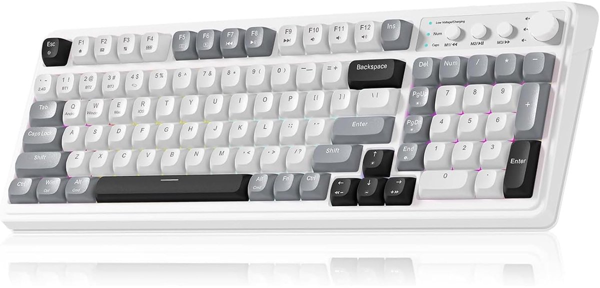 S99 Gaming-toetsenbord, draadloze computertoetsenborden, Tri-Mode Bluetooth/2,4 GHz/USB-C Aangepast Romig Toetsenbord met Nummerpad, RGB Backlit Mediaknop Leuk Programmeerbaar Toetsenbord voor PC