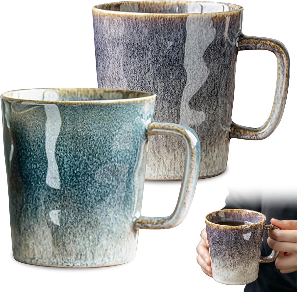 400 ml, tweedelige set, 2 stuks keramische koffiekopjes, cappuccinokopjes, retro theekopje, melkbeker met handvat, voor koffie, latte, thee, vaatwasmachinebestendig en magnetronbestendig