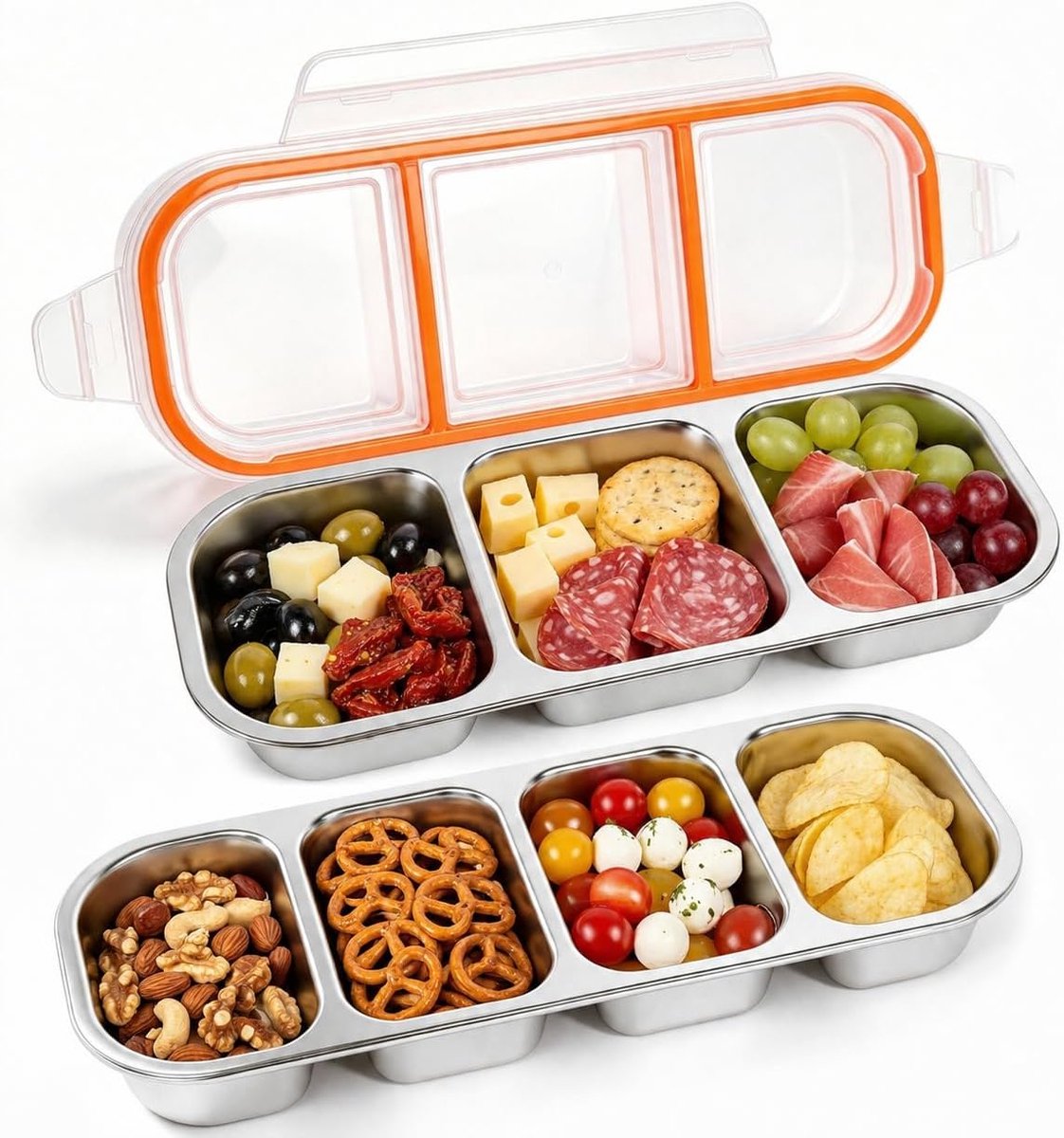 2 Stuks RVS Snackbox 1100 ml met 7 Vakken, Lekvrije Bento Box, Herbruikbare Lunchbox Kinderen, Meal Prep Bewaardoos voor Snacks, Fruit en Salade