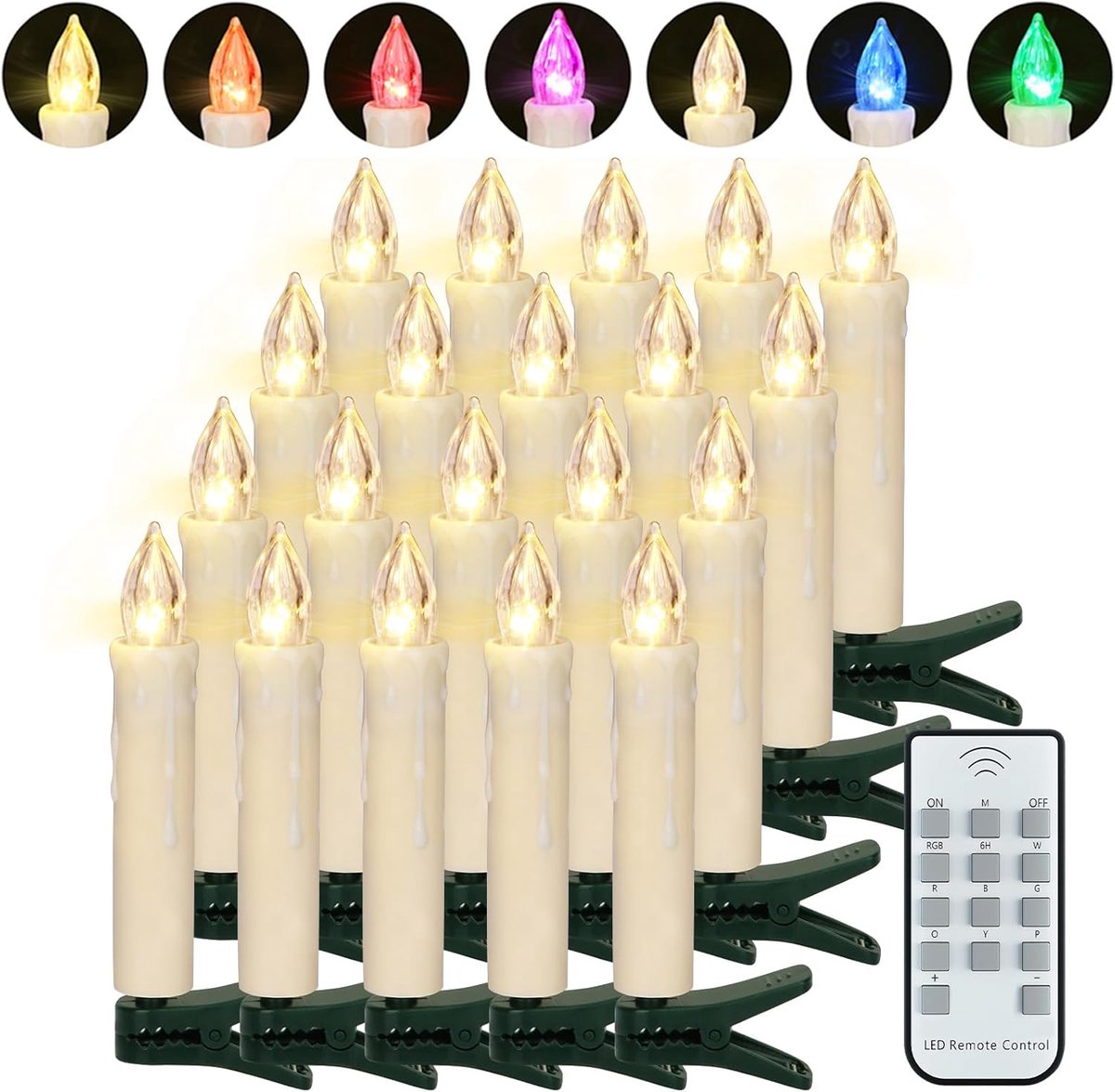 20 Led-kerstboomkaarsen, draadloos, met afstandsbediening, timer, flikkerend, kleurrijk en warm wit, kerstverlichting, voor binnen en buiten, waterdicht, kerstdecoratie, lichtketting