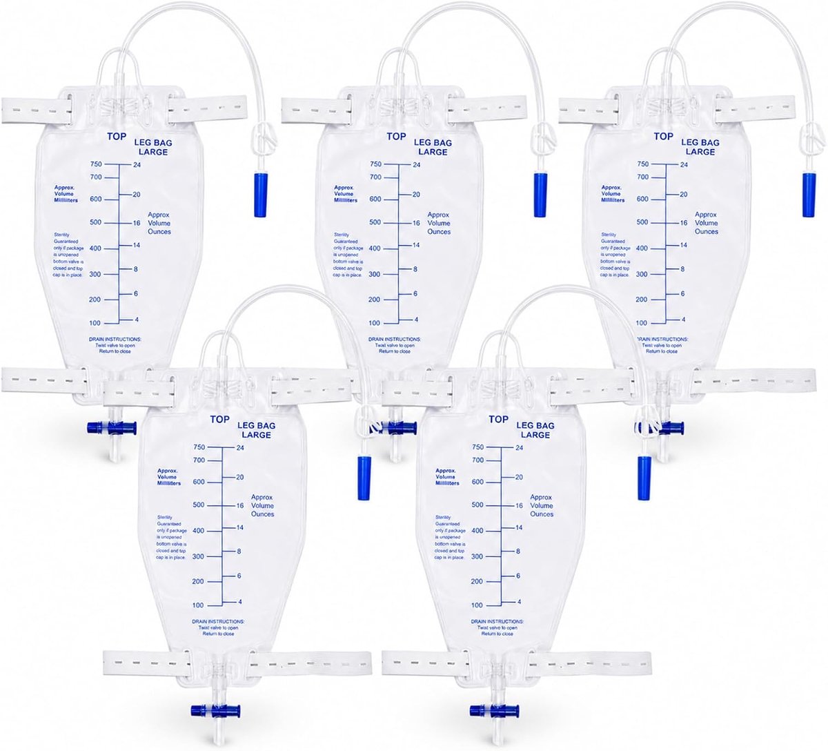 5 Stuks Urinezak, Beenmodel 750 ml, Urinedrainagezak met Anti Reflux Ventiel, Slang, Drainagezak en Verstelbare Stoffen Banden voor Dagelijkse Verzorging, Thuiszorg en Beengebruik